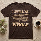 Corn Snake Lump T-Shirt in Dark Chocolate — Cream scale-mosaic corn snake on black with an oval bulge behind its neck under cream words: I SWALLOW my feelings WHOLE