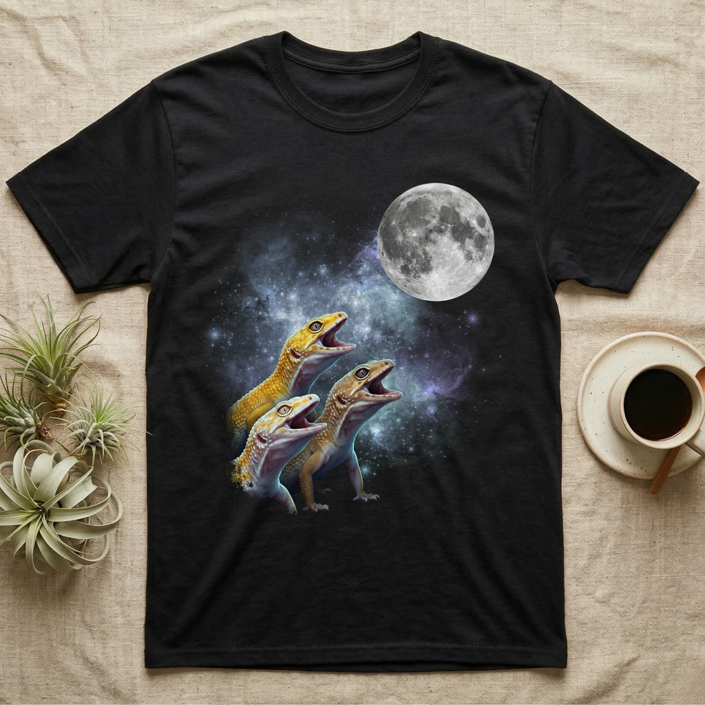 Leopard Gecko Moon Howl T-Shirt in Black — Three Leopard Gecko colour morphs howling at a full moon over a nebula on a dark grey t-shirt.