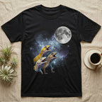 Leopard Gecko Moon Howl T-Shirt in Black — Three Leopard Gecko colour morphs howling at a full moon over a nebula on a dark grey t-shirt.