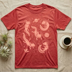 Axolotl Cosmic T-Shirt in Heather Red — Vintage screen-print illustration of axolotls in astronaut helmets floating in space, soft coral monochromatic on dark background.
