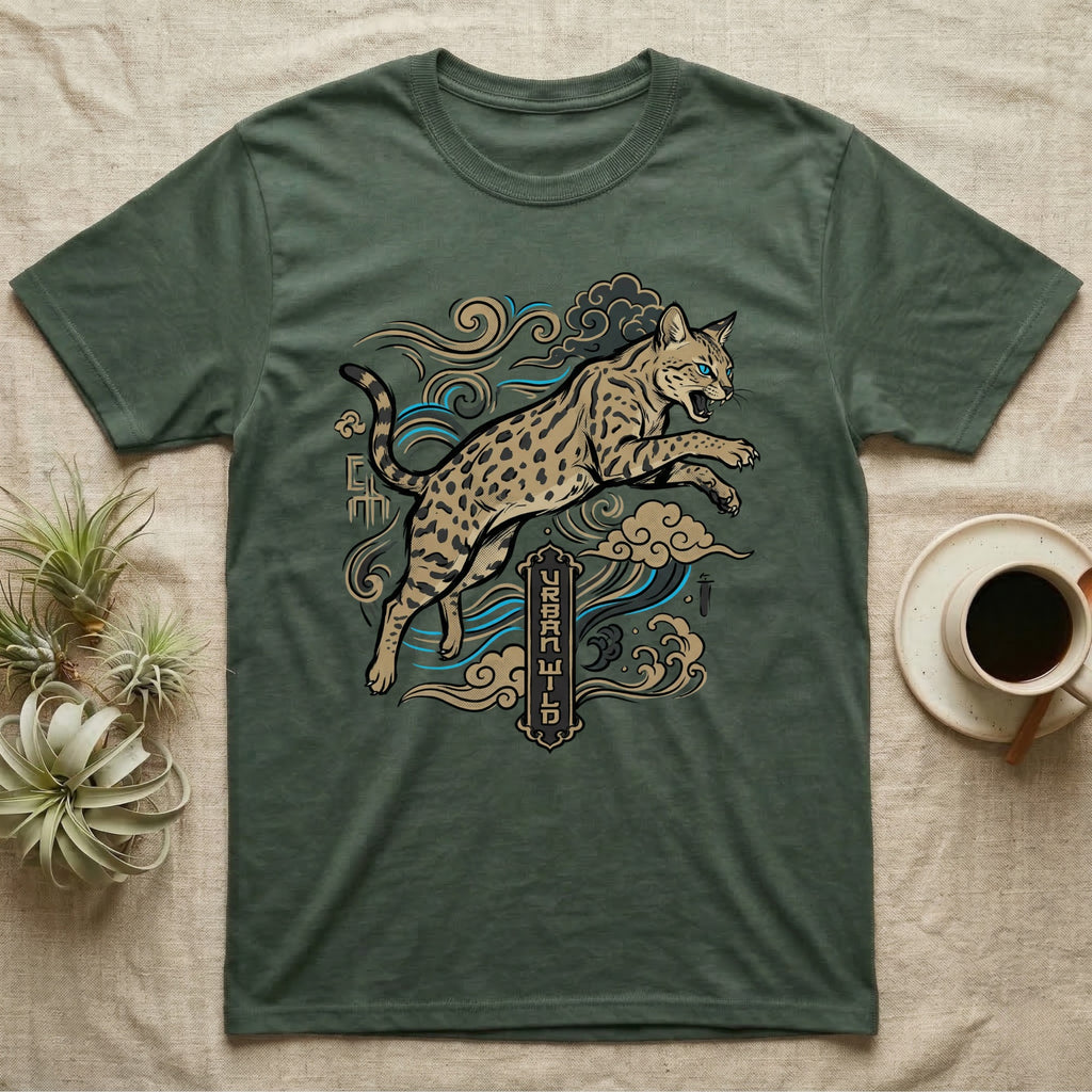 T-shirt with a leaping ocelot graphic and "Urban Wild" text.