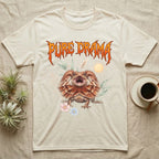 Frilled Dragon Feral T-Shirt in Natural — Frilled dragon with its neck frill flared and mouth gaping under a jagged fiery-orange metal "PURE DRAMA" wordmark.