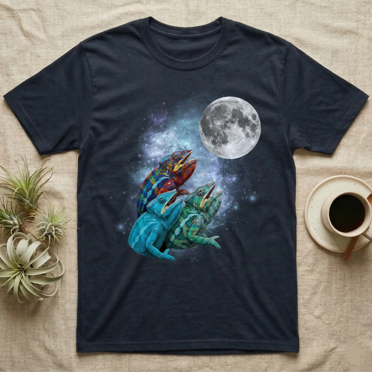 Panther Chameleon Moon Howl T-Shirt in Navy — Three Panther Chameleon colour morphs howling at a full moon over a nebula on a dark grey t-shirt.