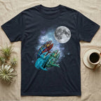 Panther Chameleon Moon Howl T-Shirt in Navy — Three Panther Chameleon colour morphs howling at a full moon over a nebula on a dark grey t-shirt.