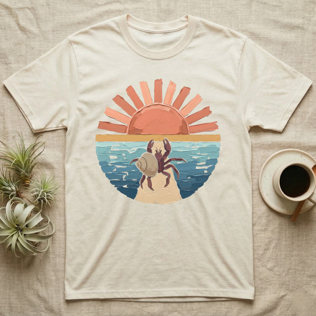 Hermit Crab Big Stretch T-Shirt in Natural — Palette-knife painted medallion of a Caribbean hermit crab at full stretch under a coral sunburst.