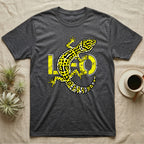 Dark grey t-shirt with a yellow and black leopard gecko design and "LEO" text.