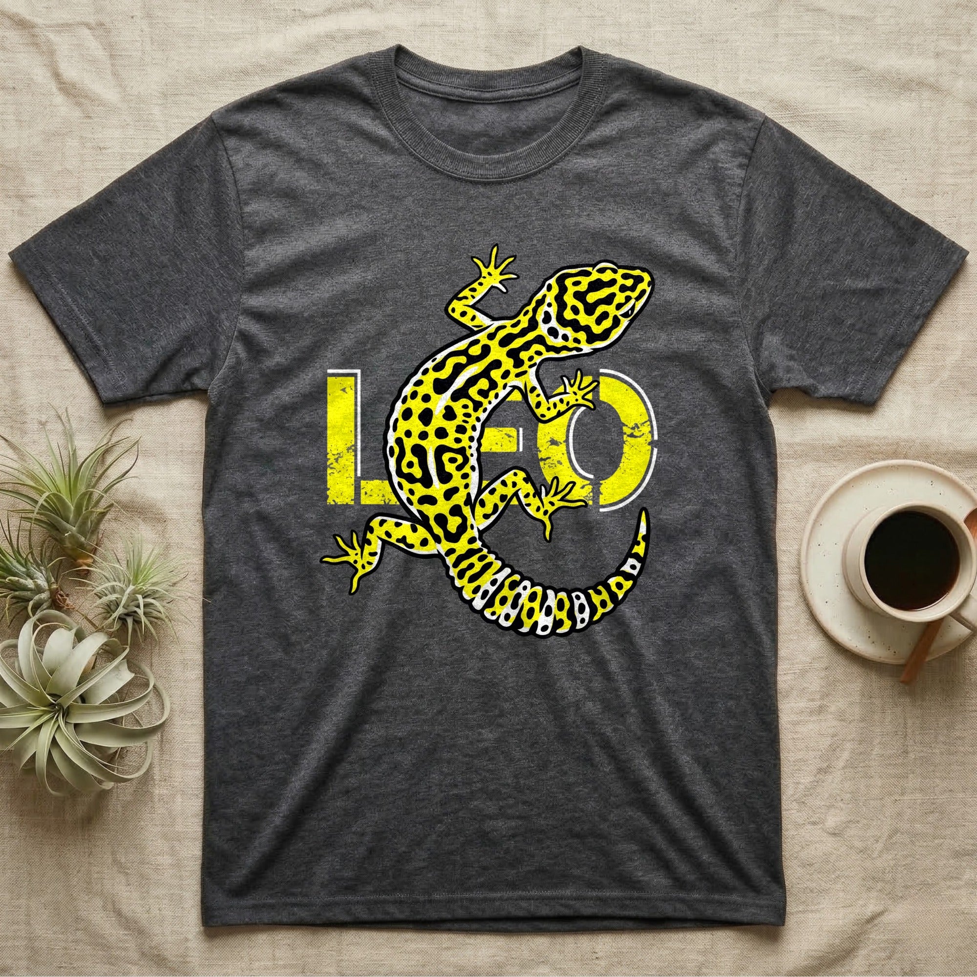 Dark grey t-shirt with a yellow and black leopard gecko design and "LEO" text.