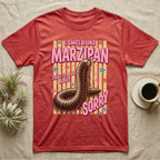 Millipede Almond Defence T-Shirt in Heather Red — Engraved giant African millipede coiled upright under fat pink club lettering reading ALMOND DEFENCE on yellow stripes.