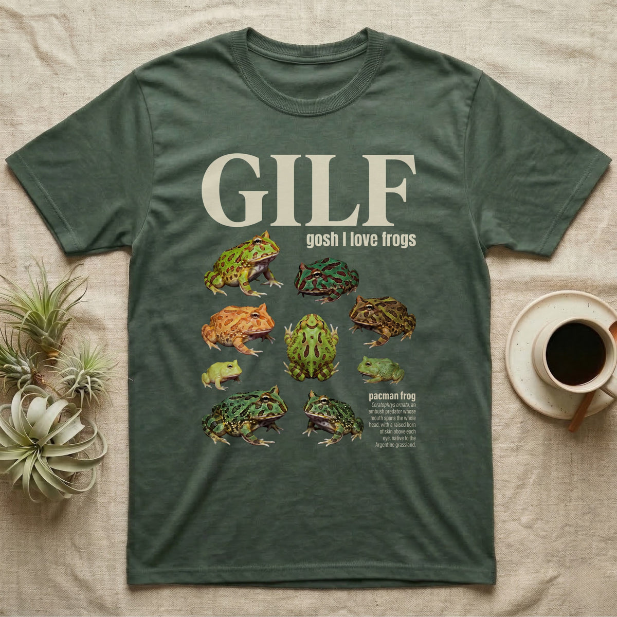 Pacman Frog GILF T-Shirt in Military Green — Nine pacman frogs in a scattered cut-out photo collage beneath the huge cream word GILF on a grey ground.
