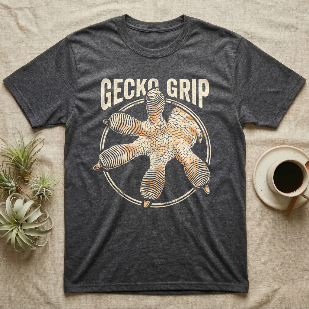 Macro badge illustration of a gecko's splayed foot with ribbed adhesive toe pads inside a distressed circular border, arched wordmark reading GECKO GRIP. — shown on a Dark Heather tee.
