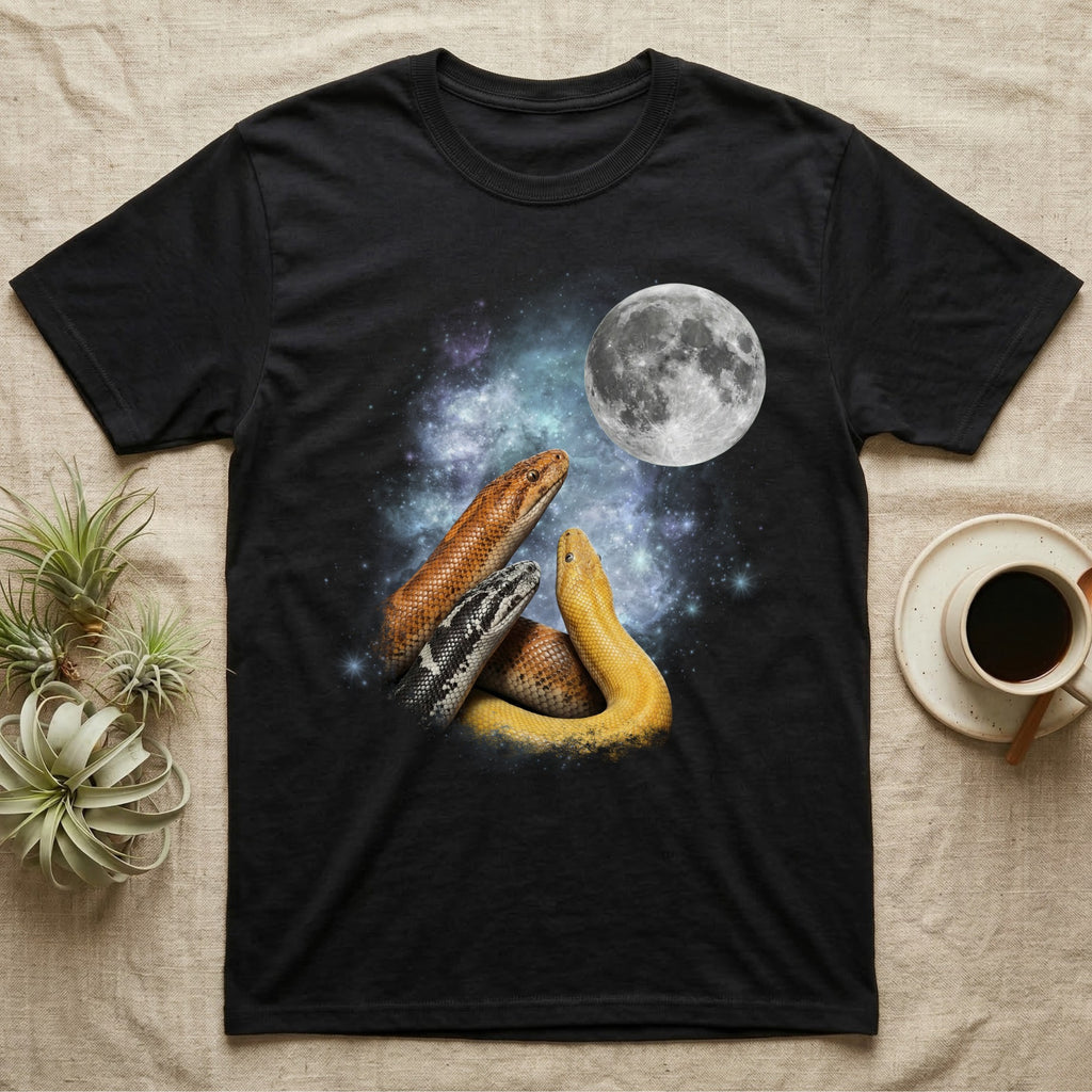 Kenyan Sand Boa Moon Howl T-Shirt in Black — Three Kenyan Sand Boa colour morphs howling at a full moon over a nebula on a dark grey t-shirt.