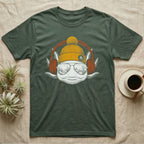 Axolotl Headphones Engraving T-Shirt in Military Green — Engraved axolotl portrait in a knit beanie and headphones, aviator lenses reflecting a planted aquarium scene.