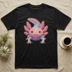 Black t-shirt with a colorful axolotl graphic design.