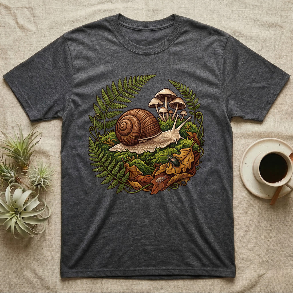Garden Snail Moss Terrarium T-Shirt in Dark Heather — Garden snail crossing moss inside a circular forest vignette of ferns, mushrooms, oak leaves and a beetle.