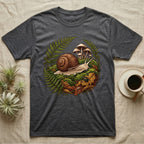 Garden Snail Moss Terrarium T-Shirt in Dark Heather — Garden snail crossing moss inside a circular forest vignette of ferns, mushrooms, oak leaves and a beetle.