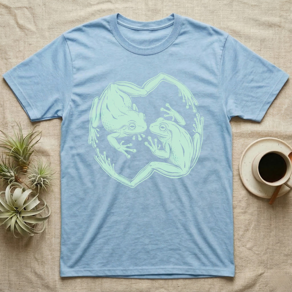 White's Tree Frog Roundel T-Shirt in Light Blue — Brush line art of two White's tree frogs facing each other, bodies curving into a circle, on grey