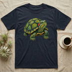 Dark t-shirt with a realistic illustration of a red-eared slider turtle.