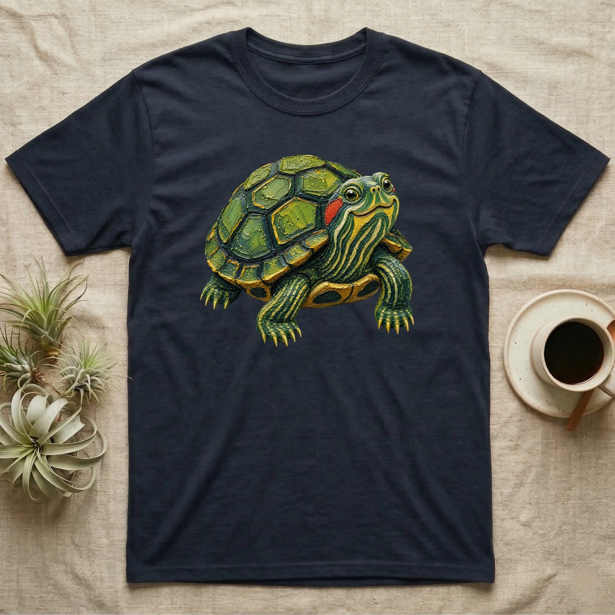 Dark t-shirt with a realistic illustration of a red-eared slider turtle.