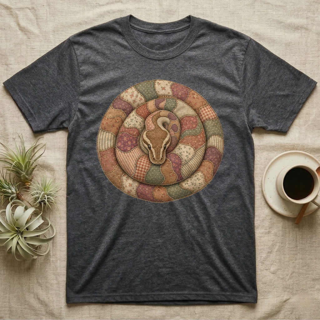 Dark gray t-shirt featuring a coiled snake with a patchwork quilt pattern.