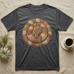 Dark gray t-shirt featuring a coiled snake with a patchwork quilt pattern.