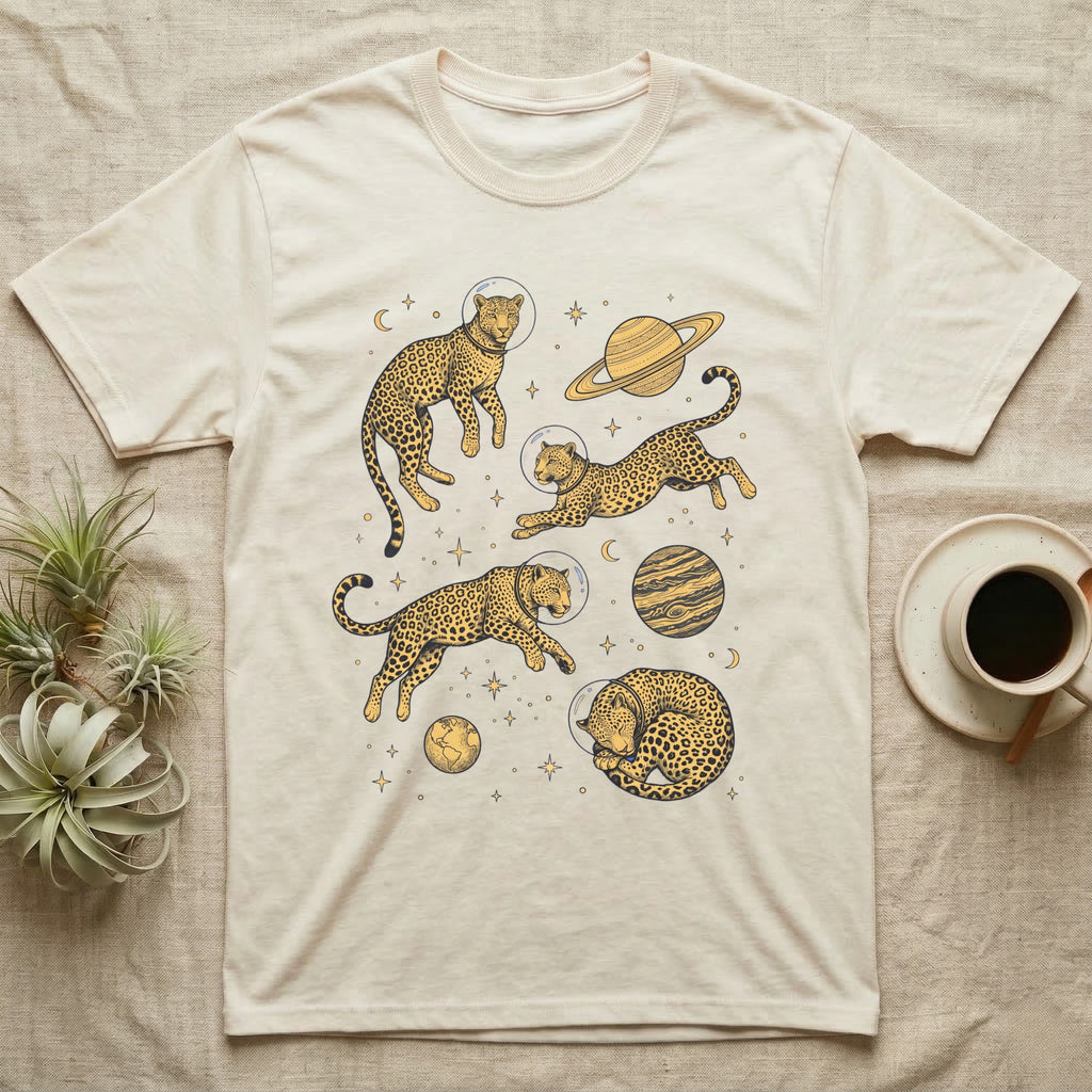 Cream t-shirt with four leopards and planets design.