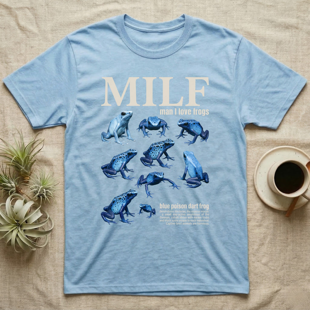 Blue Poison Dart Frog T-Shirt in Light Blue — Eight blue poison dart frogs in a cut-out photo collage beneath the huge cream word MILF on grey.