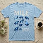 Blue Poison Dart Frog T-Shirt in Light Blue — Eight blue poison dart frogs in a cut-out photo collage beneath the huge cream word MILF on grey.