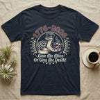 Ball Python 1776 T-Shirt in Navy — Vintage distressed badge of a ball python in a feeding strike over a food dish, cream and brick-red emblem reading Give Me Mice Or Give Me Death.
