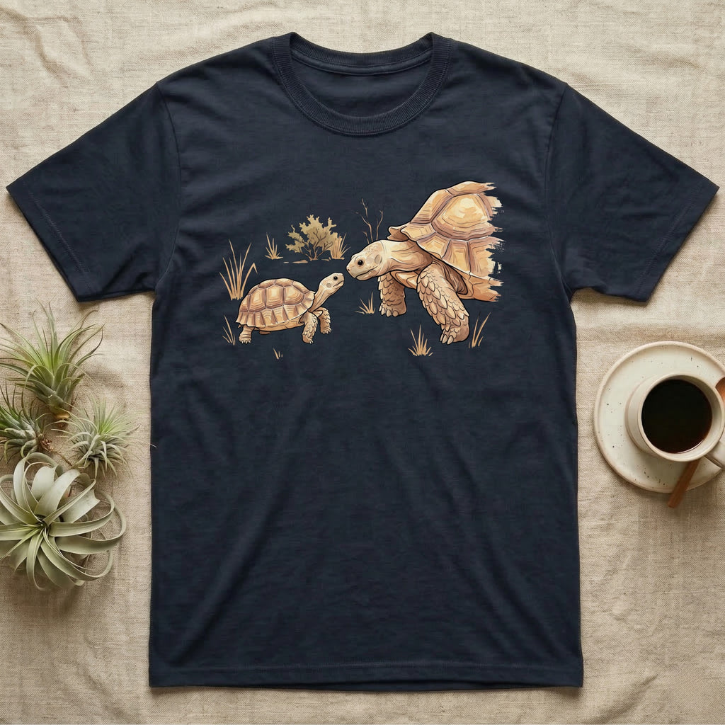 Sulcata Watercolour Profile T-Shirt in Navy — Watercolour sulcata tortoise in left profile, broken ink outline, a thin line at head height ending in an ochre bloom