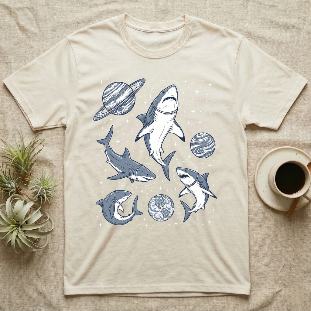 Cream t-shirt with illustrated sharks and planets in space.