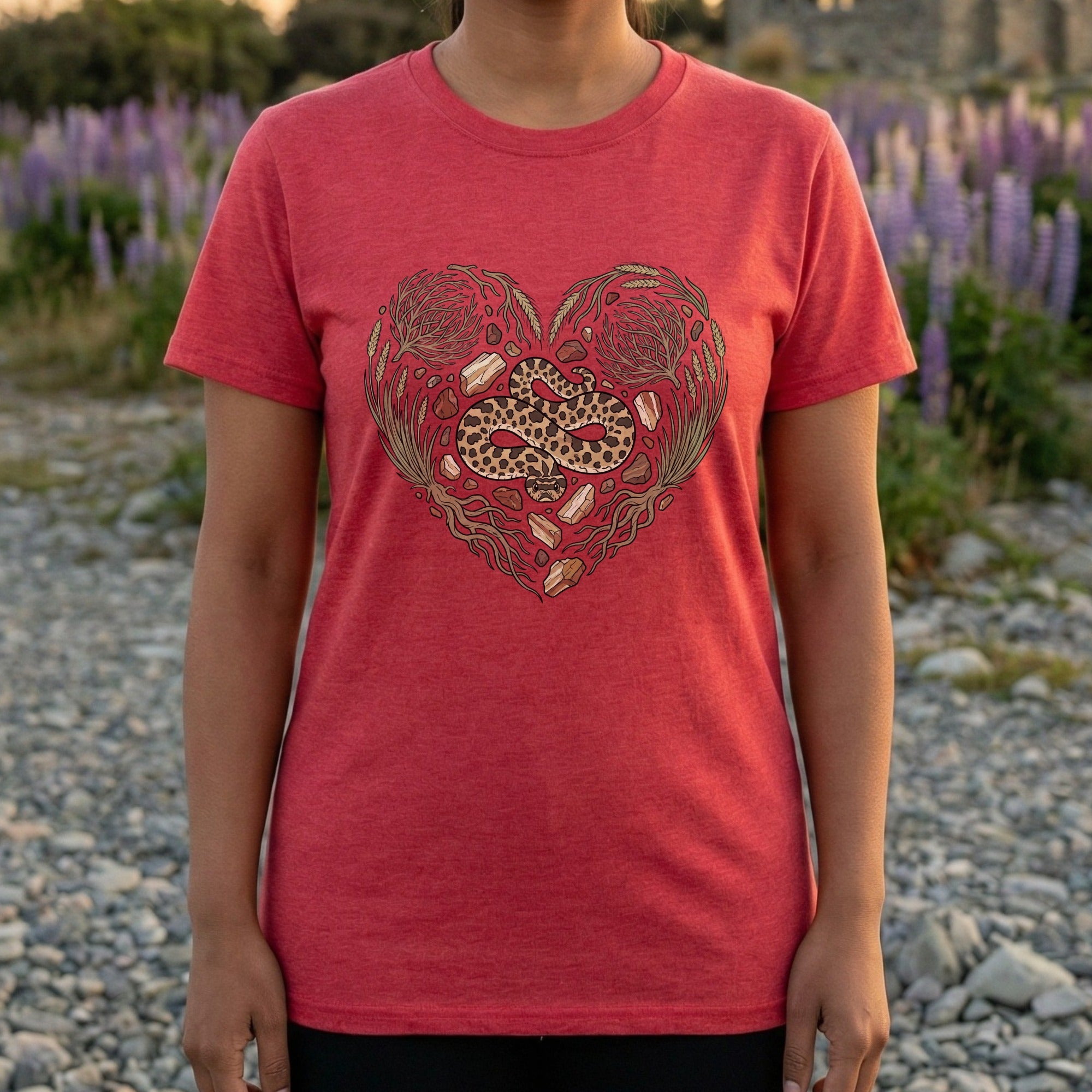 Red T-Shirt with Intricate Heart and Snake Design