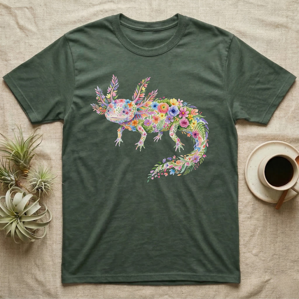 Axolotl Watercolour Mosaic T-Shirt in Military Green — Watercolour mosaic axolotl made of painted flowers and leaf blades, gill plumes fanned, petals trailing from its tail