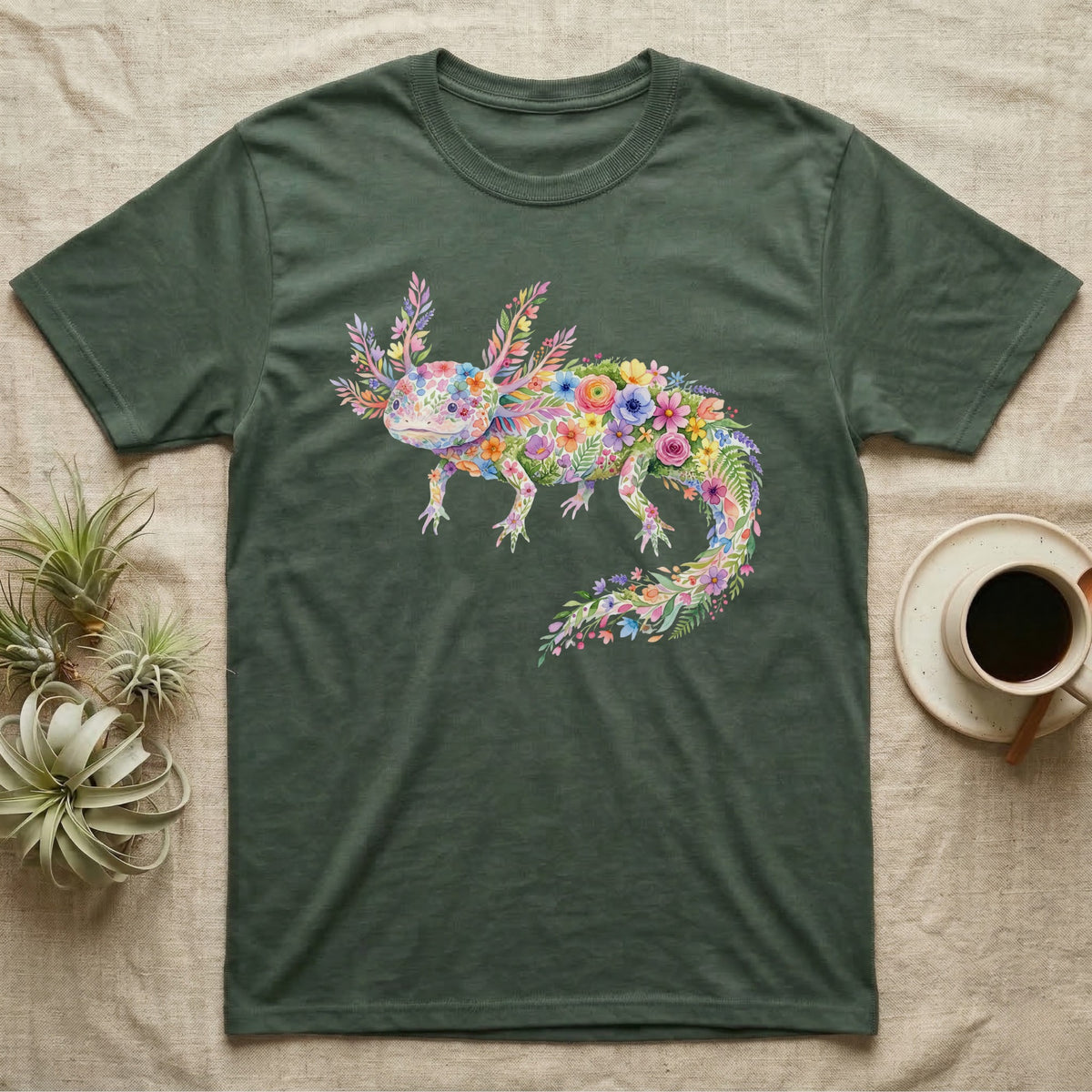 Axolotl Watercolour Mosaic T-Shirt in Military Green — Watercolour mosaic axolotl made of painted flowers and leaf blades, gill plumes fanned, petals trailing from its tail
