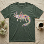 Axolotl Watercolour Mosaic T-Shirt in Military Green — Watercolour mosaic axolotl made of painted flowers and leaf blades, gill plumes fanned, petals trailing from its tail