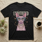 Black t-shirt with a Sphynx cat wearing glasses and jewelry.