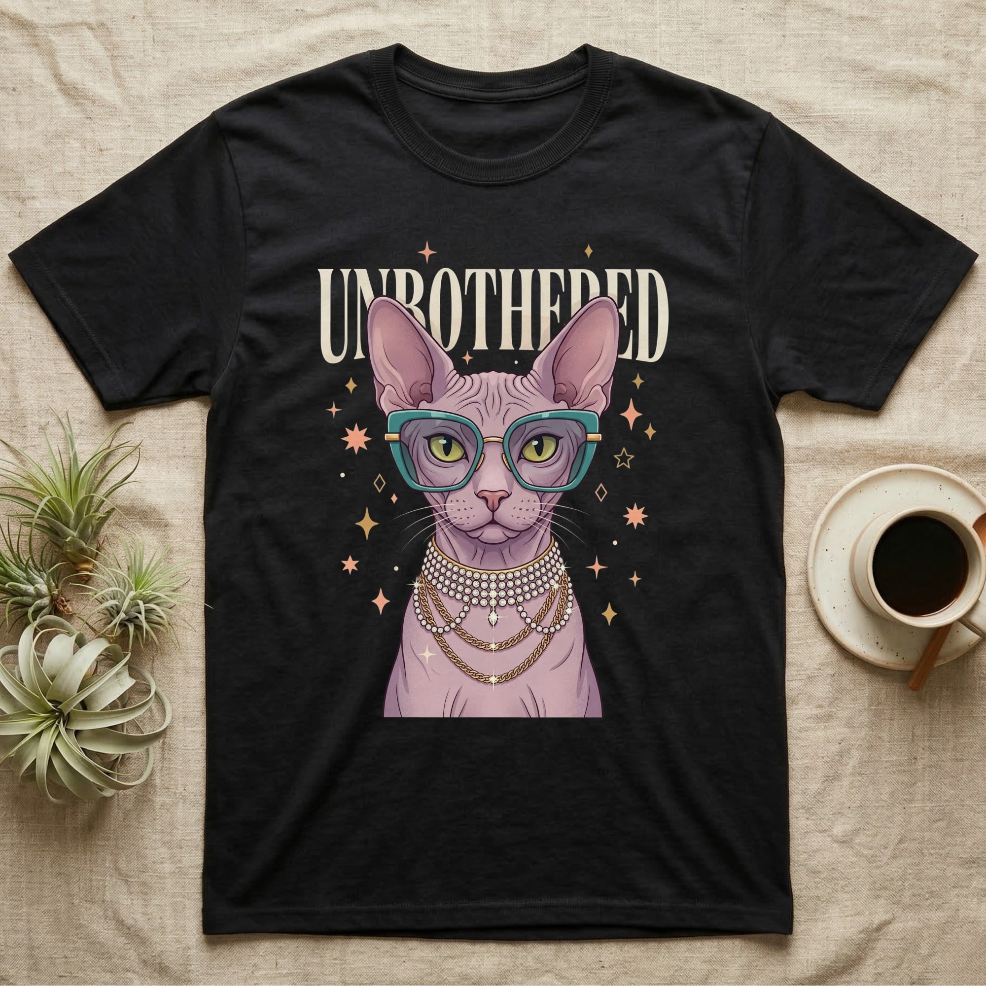 Black t-shirt with a Sphynx cat wearing glasses and jewelry.
