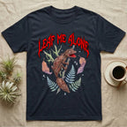 Satanic Leaf-Tailed Gecko Feral T-Shirt in Navy — Satanic leaf-tailed gecko gaping on a twig with dripping blood-red metal "Leaf Me Alone" wordmark above
