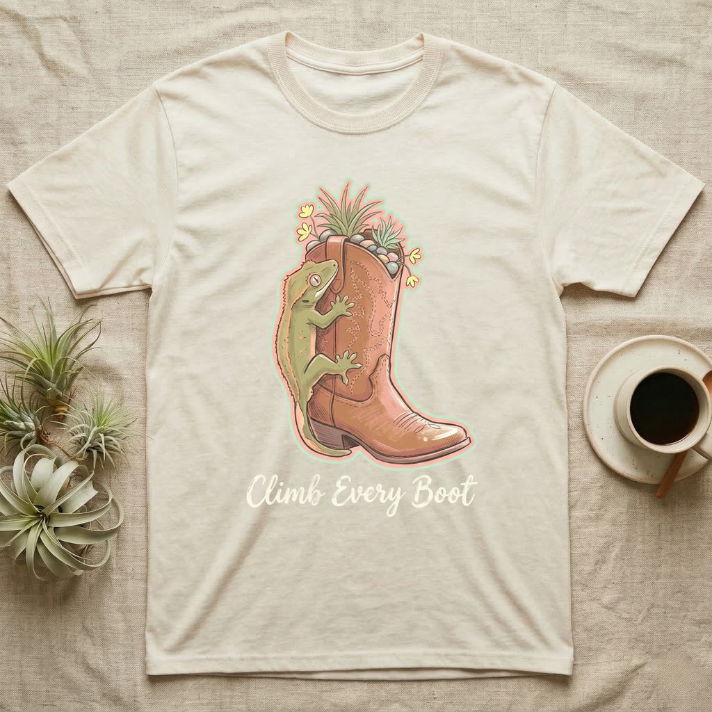 Cowboy boot with lizard and plants, "Climb Every Boot" text.