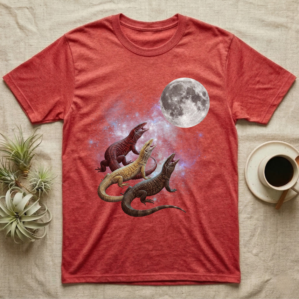 Ackie Monitor Moon Howl T-Shirt in Heather Red — Three Ackie Monitor colour morphs howling at a full moon over a nebula on a dark grey t-shirt.