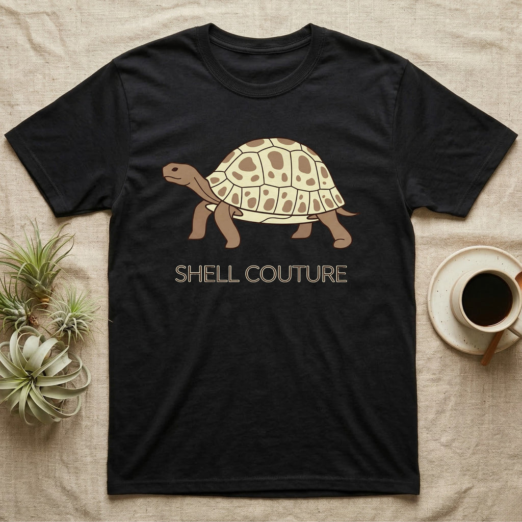 Black t-shirt with a tortoise graphic and "SHELL COUTURE" text.
