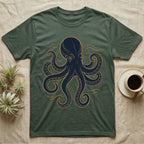 Dark green t-shirt with a navy and gold octopus graphic and wavy lines.