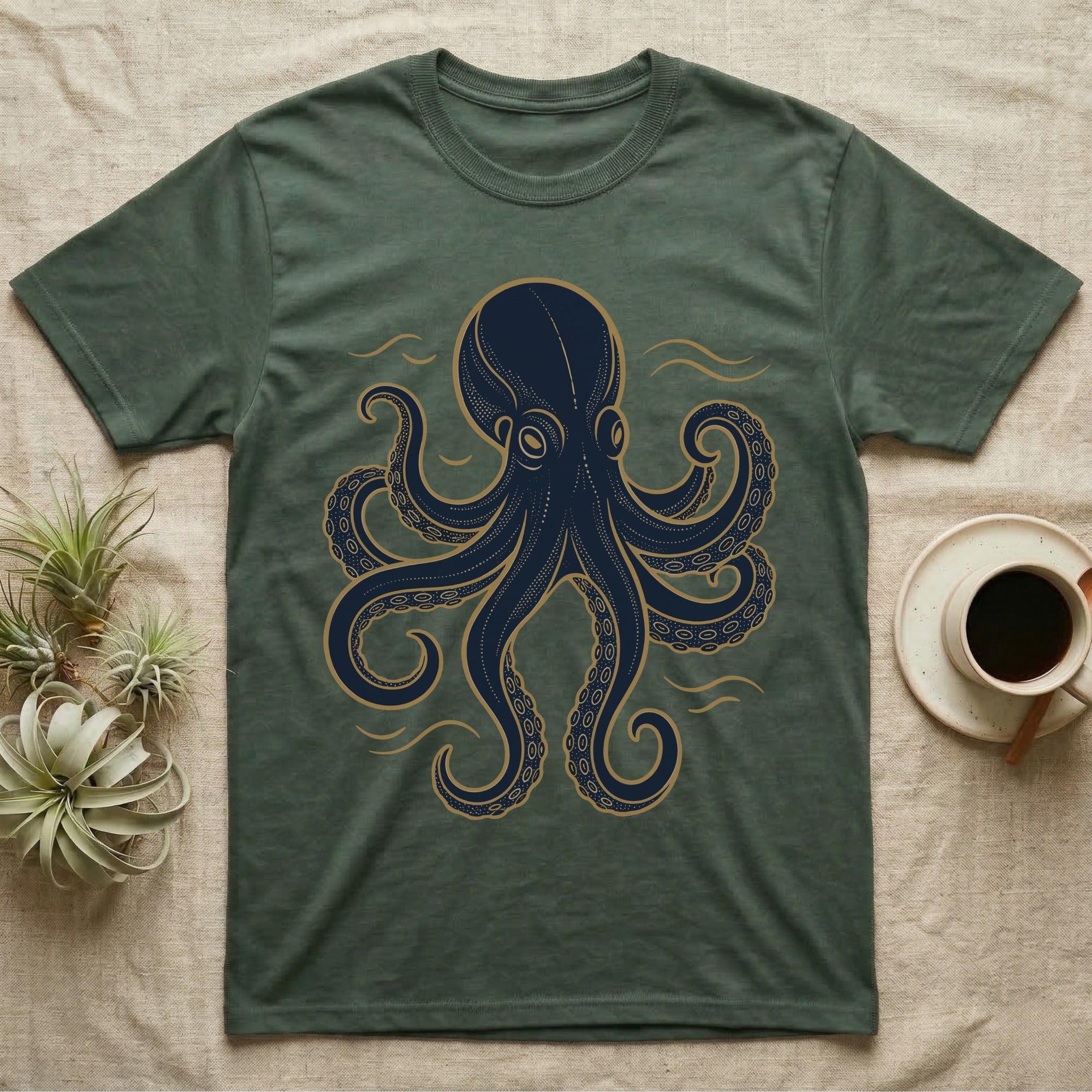Dark green t-shirt with a navy and gold octopus graphic and wavy lines.