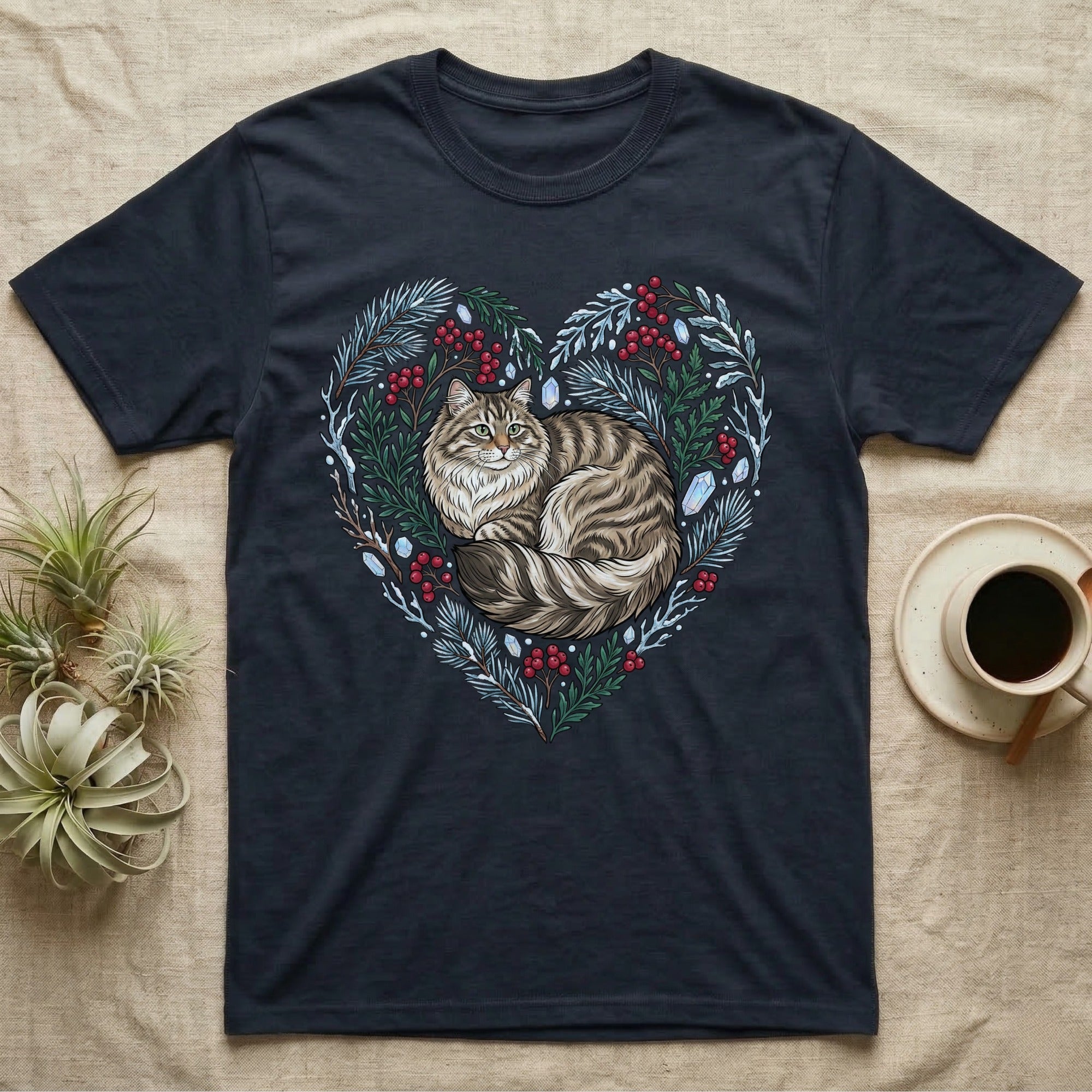 Dark t-shirt with heart-shaped floral wreath featuring a tabby cat.