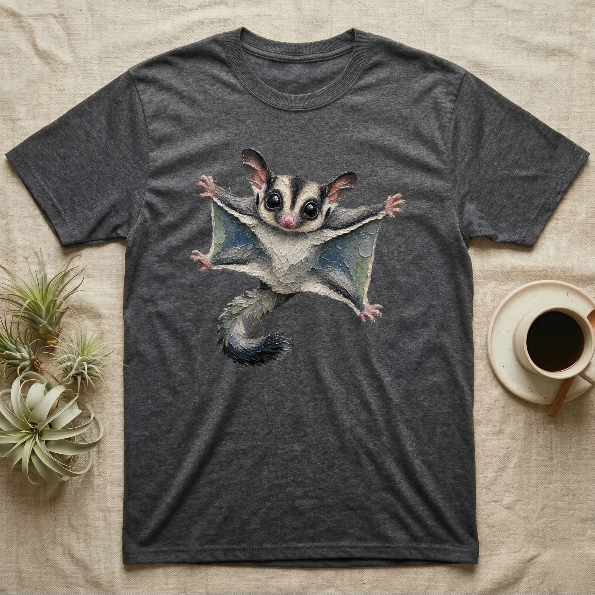 Dark gray t-shirt featuring a flying sugar glider illustration.