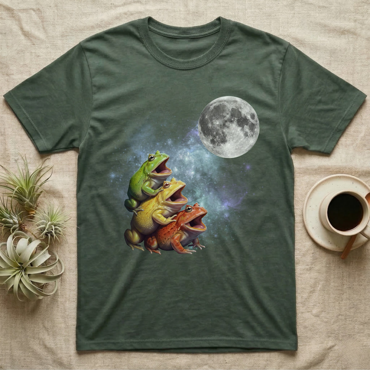 Pacman Frog Moon Howl T-Shirt in Military Green — Three Pacman Frog colour morphs howling at a full moon over a nebula on a dark grey t-shirt.