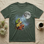 Pacman Frog Moon Howl T-Shirt in Military Green — Three Pacman Frog colour morphs howling at a full moon over a nebula on a dark grey t-shirt.