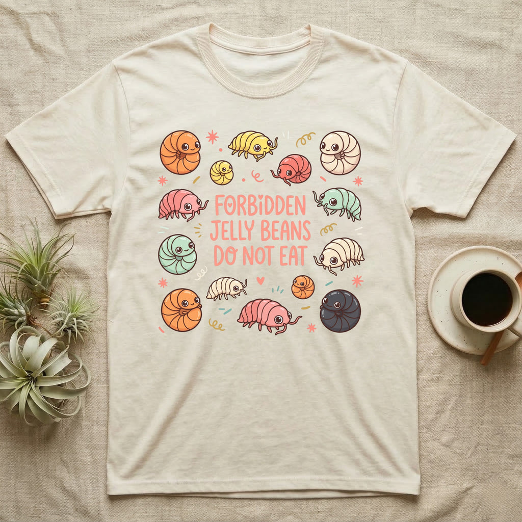 T-shirt with cartoon woodlice and "FORBIDDEN JELLY BEANS DO NOT EAT" text.