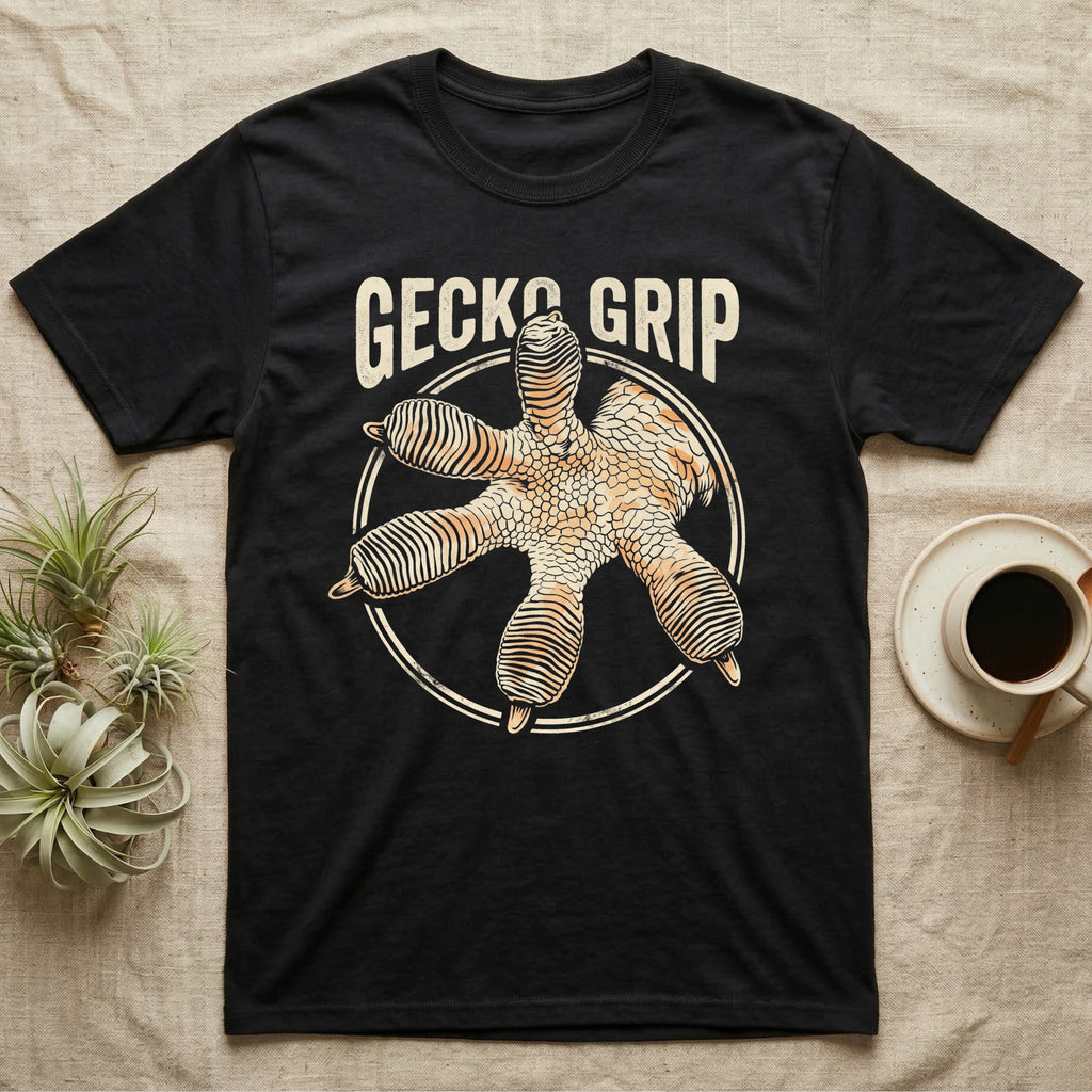 Macro badge illustration of a gecko's splayed foot with ribbed adhesive toe pads inside a distressed circular border, arched wordmark reading GECKO GRIP. — shown on a Black tee.