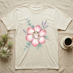 Cream t-shirt with watercolor gecko on pink flower and lavender sprigs.