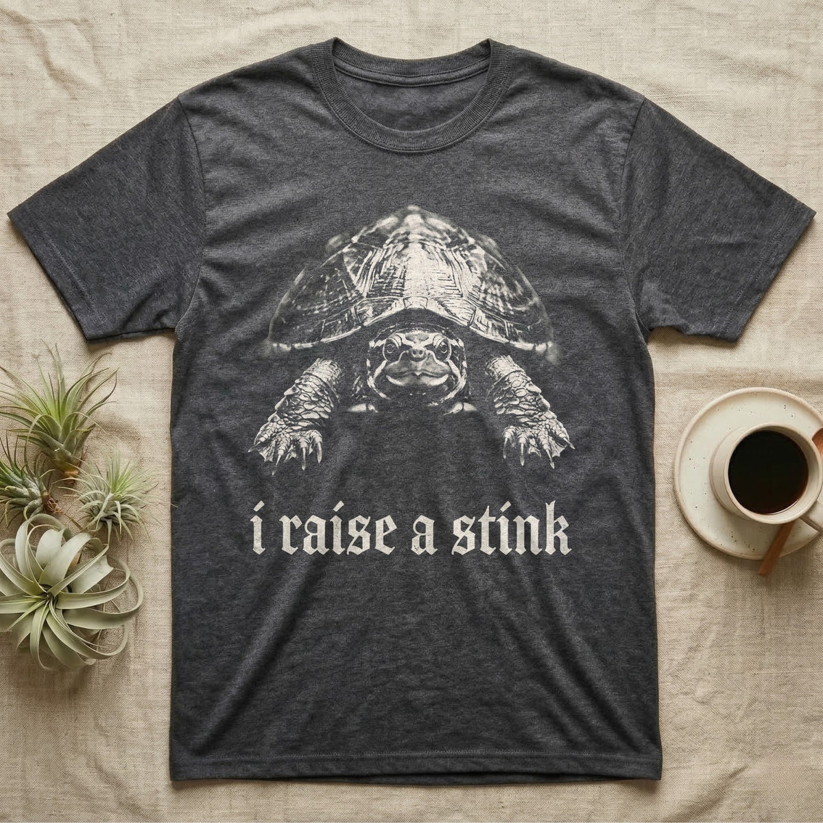 Musk Turtle Stink T-Shirt in Dark Heather — Photo of a small musk turtle facing forward above the blackletter line i raise a stink